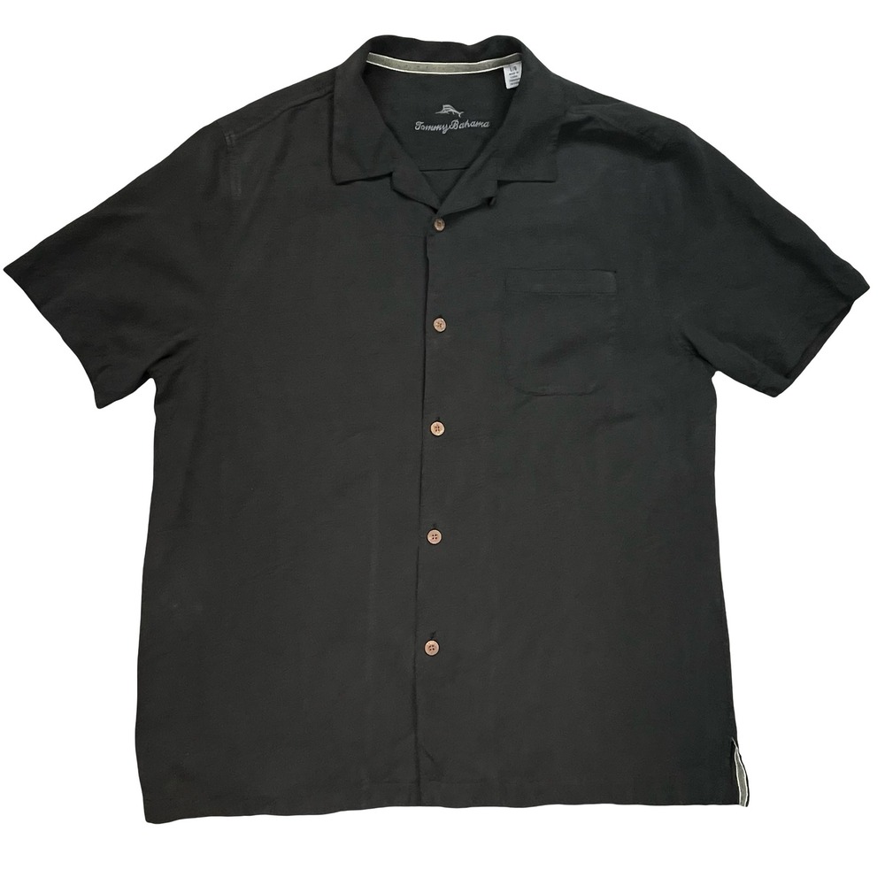 Tommy Bahama Mens Camp Shirt Black Silk Jacquard Leaf Tropical Resort Large